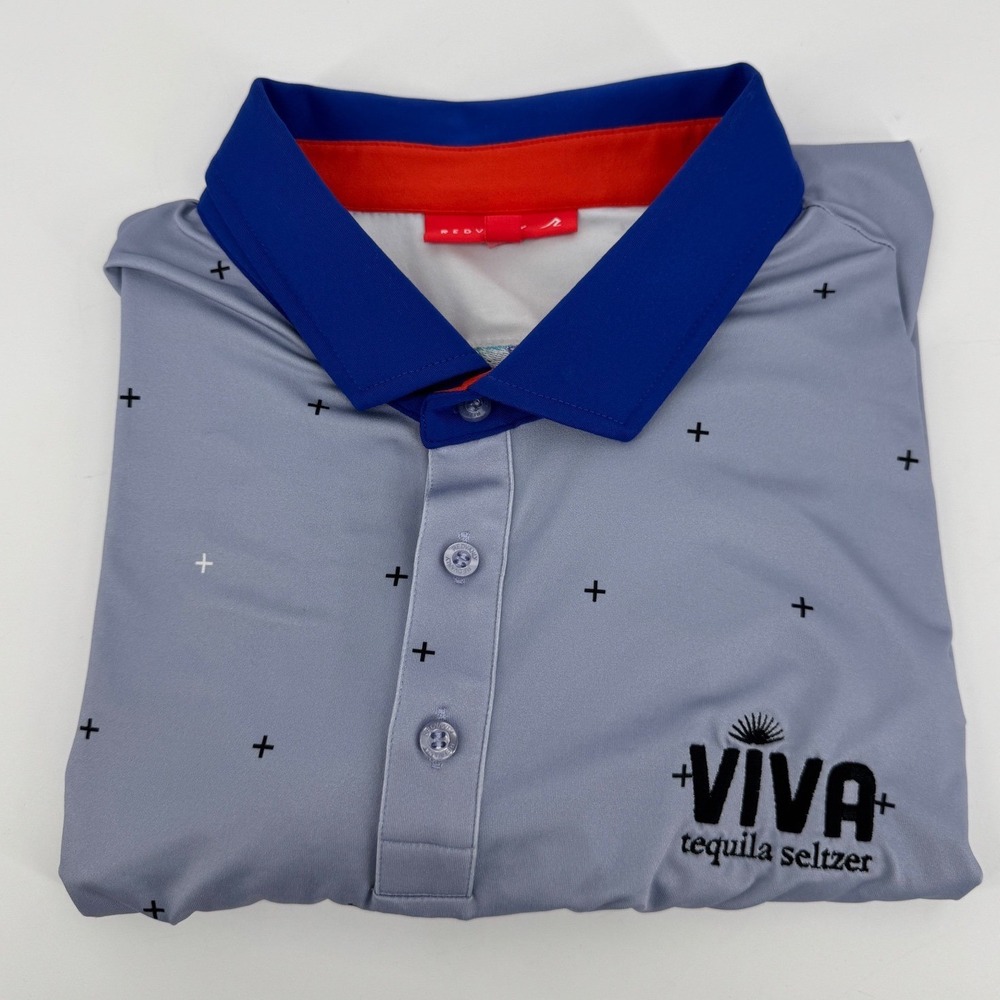 Redvanly Mens XL Viva Tequila Seltzer Golf Polo Shirt Gray Blue Cross Print